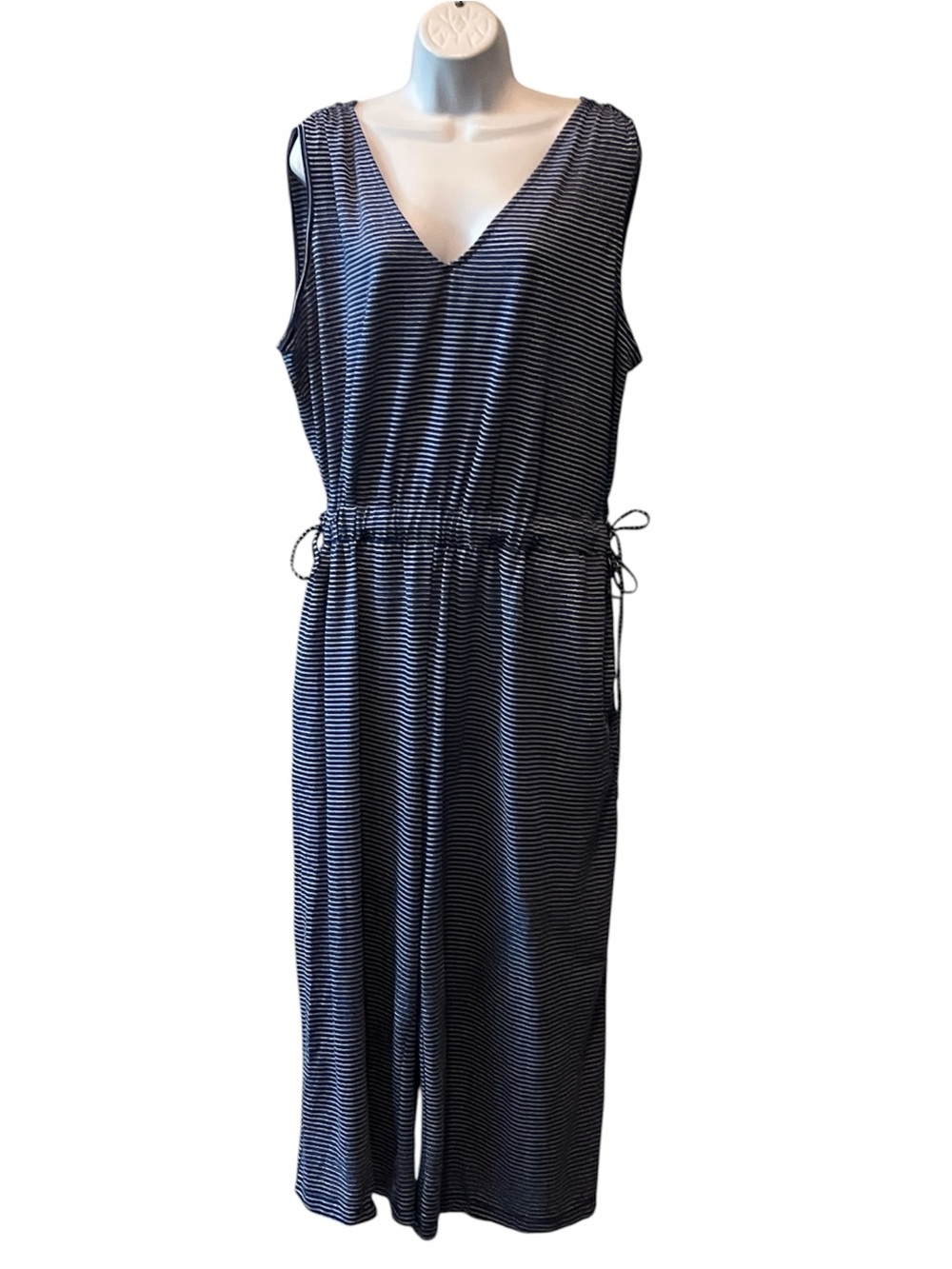 Terra & Sky Navy and White Striped V-Neck Sleeveless Jumpsuit